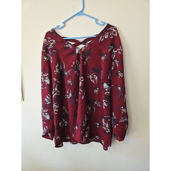 Floral Print Blouse V Neck Long Sleeve Criss Cross Back Burgundy Top Size 3 Plus - Picture 2 of 8